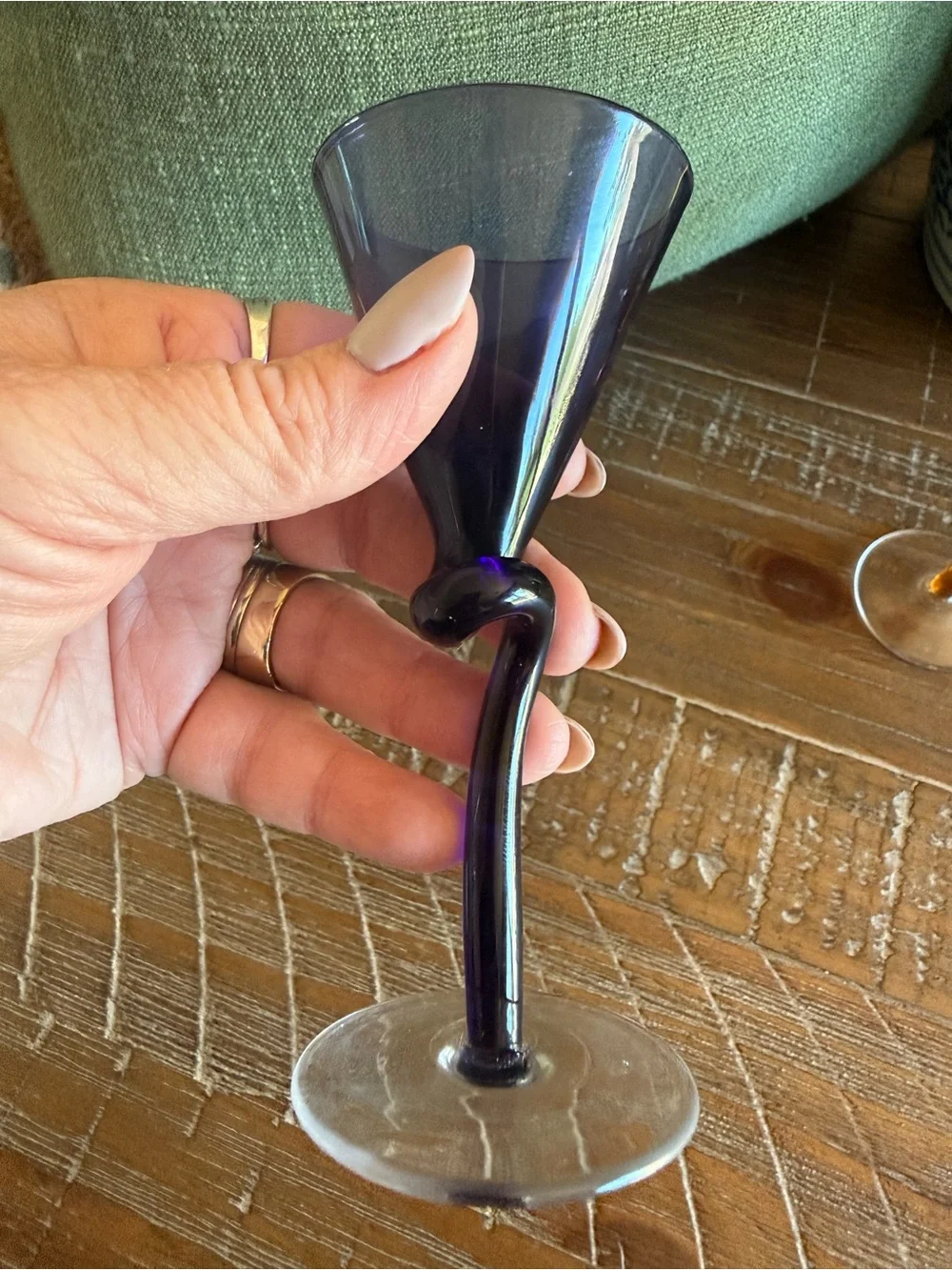 Pier 1 Imports Knotted Stem Martini Glasses Hand Blown Purple Amber Set of 2